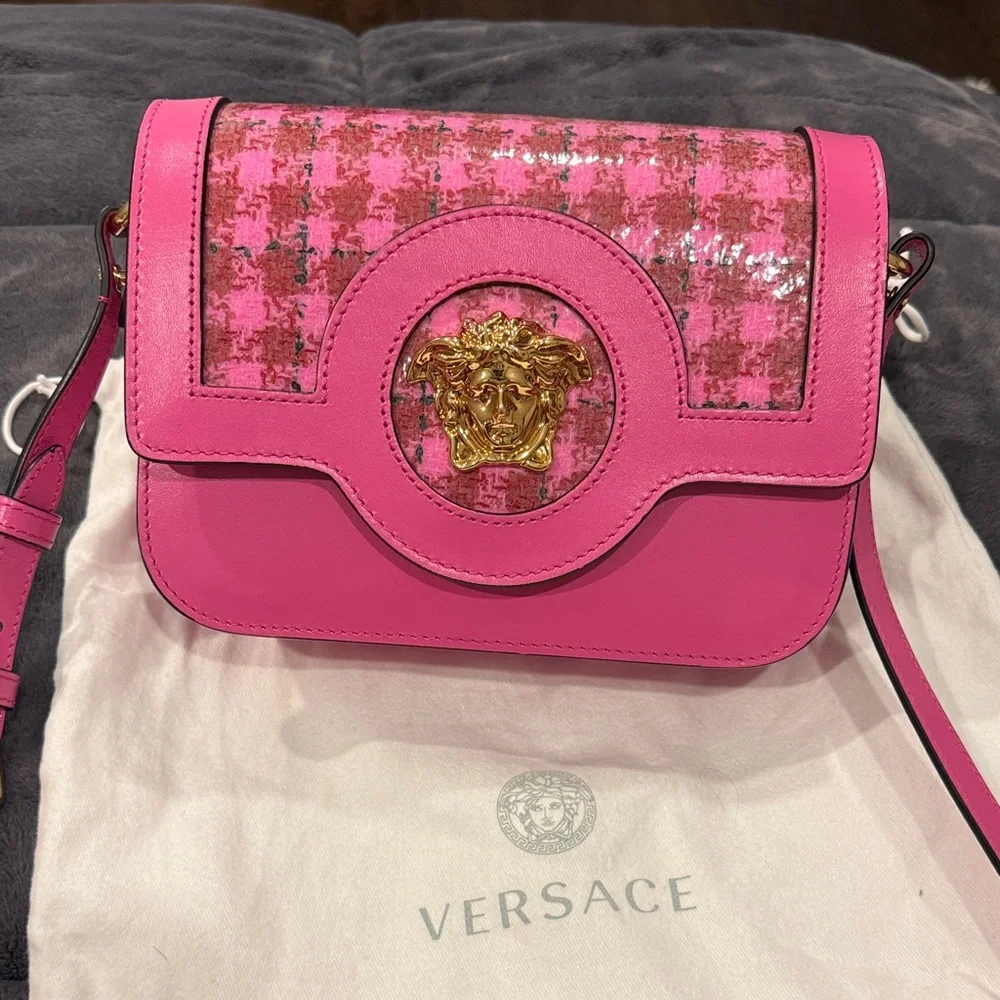 Versace Calfskin Vinyl Small Houndstooth La Medusa Bag *BRAND NEW*